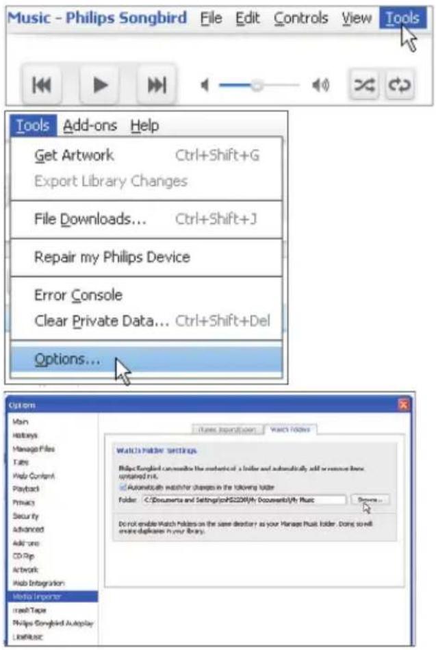 PHILIPS GoGear Raga SA3RGA04K - So stellen Sie den zu überwachenden Ordner ein: - 1