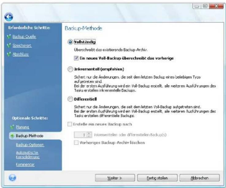Erforderliche Schritte: Backup-Quale Sachanort Abschluss Optionale Schritte: Planung Backup-Methode Backup-Optionen Automatiche Konschrifene Kommentar Backup-Methode Vollständig Überschreibt das existierende Backup-Archiv. Ein neues Voll-Backup überschreibt das vorherige Inkrementell (empfohlen) Sichert nur die Änderungen, die seit dem letzten Backup eines beliebigen Typs aufgetreten sind. Bei der ersten Ausführung wird ein Voll-Backup erstellt, alle weiteren Ausführungen des Tasiu erstellen inklumentelle Backups. Diferentiell Sichert nur die Änderungen, die seit den letzten Voll-Backup aufgetreten sind. Bei der ersten Ausführung wird ein Voll-Backup erstellt, alle weiteren Ausführungen des Tasiu erstellen differentiele Backups. Erstelle ein neues Backup nach 10000000000000000000000000000000000000000000000000000000000000000000000000000000000000000000000000 Weiter > Fortig stallen Abbrevchen