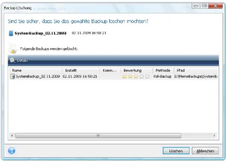 Backup Löschung Sind Sie sicher, dass Sie das gewählte Backup loschen möchten? SystemBackup_02.11.2009 02.11.2009 16:58:21 Folgende Backups werden gelöscht: Details Name Erstellt Komm... Bewertung Methode Pfad SystemBackup_02.11.2009 02.11.2009 16:58:21 Vol-Backup E:\WeineBackup\System\Bi Löscheng Abbrechen