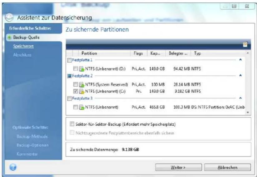 Assistent zur Datensicherung Erforderliche Schritte: Backup-Quelle Speicherort Abschluss Zu sichernde Partitionen Partition Flags Kap... Belegter ... Typ Festplatte 1 NTFS (Unbenannt) (D:) Pri,Act. 149.0 GB 94.42 MB NTFS Festplatte 2 NTFS (System Reserved) Pri,Act. 100 MB 26.14 MB NTFS NTFS (Unbenannt) (C:) Pri. 149.0 GB 9.182 GB NTFS Festplatte 3 NTFS (Unbenannt) Pri,Act. 465.8 GB 100.3 MB DS: NTFS Partitions: 0xAC (Unb Sektor für-Sektor-Backup (Erfordert mehr Speicherplatz) Nichtzugeordnete Festplattenbereiche ebenfalls sicheln Zu sichernde Datenmenge: 9.138 GB Welter > Abbrechen
