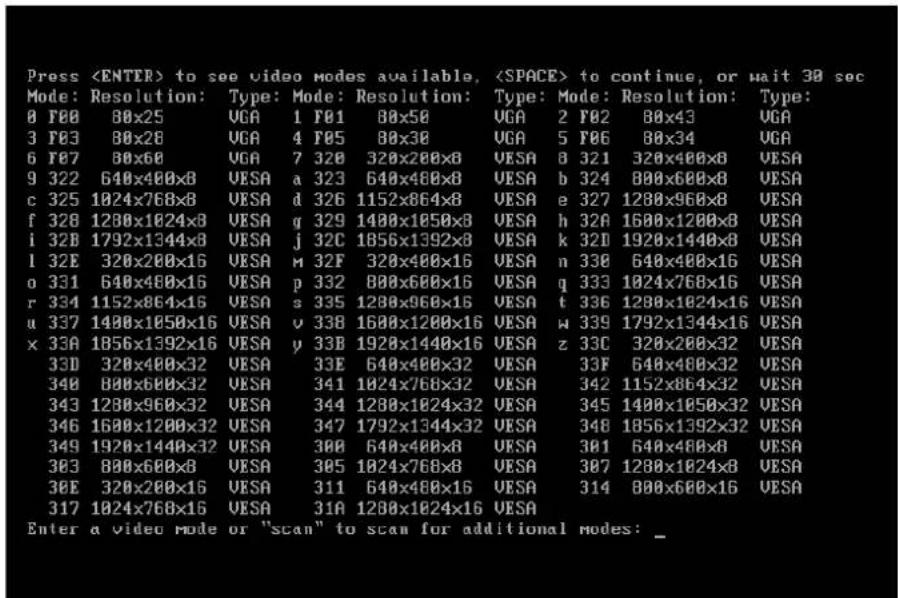 Press to see video modes available, to continue, or wait 30 sec Mode: Resolution: Type: Mode: Resolution: Type: Mode: Resolution: Type: 8 F00 80x25 VGA 1 F01 80x50 VGA 2 F02 80x43 VGA 3 F03 80x26 VGA 4 F05 80x30 VGA 5 F06 80x34 VGA 6 F07 80x60 VGA 7 320 320x200x8 VESA 8 321 320x400x8 VESA 9 322 640x400x8 VESA a 323 640x400x8 VESA b 324 800x600x8 VESA c 325 1024x768x8 VESA d 326 1152x864x8 VESA e 327 1200x960x8 VESA f 328 1200x1024x8 VESA g 329 1400x1850x8 VESA h 32A 1600x1200x8 VESA i 32B 1792x1344x8 VESA j 32C 1856x1392x8 VESA k 32D 1920x1440x8 VESA l 32E 320x200x16 VESA m 32F 320x400x16 VESA n 33B 640x400x16 VESA o 331 640x400x16 VESA p 332 800x600x16 VESA q 333 1024x768x16 VESA r 334 1152x864x16 VESA s 335 1200x960x16 VESA t 336 1200x1824x16 VESA u 337 1400x1850x16 VESA v 33B 1600x1200x16 VESA w 339 1792x1344x16 VESA × 33A 1856x1392x16 VESA y 33B 1920x1440x16 VESA z 33C 320x200x32 VESA 33D 320x400x32 VESA 33E 640x400x32 VESA 33F 640x400x32 VESA 34D 800x600x32 VESA 341 1024x768x32 VESA 342 1152x864x32 VESA 343 1200x960x32 VESA 344 1200x1824x32 VESA 345 1400x1850x32 VESA 346 1600x1200x32 VESA 347 1792x1344x32 VESA 348 1856x1392x32 VESA 349 1920x1440x32 VESA 35B 640x400x8 VESA 35I 640x400x8 VESA 35B 800x600x8 VESA 35S 1824x768x8 VESA 35T 1200x1824x8 VESA 35E 320x200x16 VESA 31I 640x400x16 VESA 31I A 80B x6B x16 VESA 317 1824x768x16 VESA 31A 120B x1824x16 VESA Enter a video mode or "scan" to scan for additional modes: _