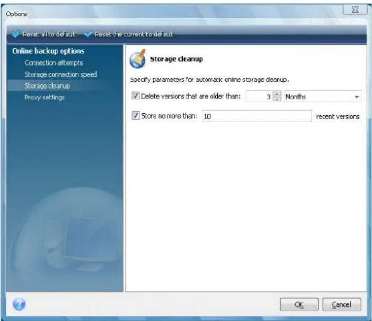 Options Perse: all to default Perse: the current to default Online backup options Connection attempts Storage connection speed Storage cleanup Proxy settings Storage cleanup Specify parameters for automatic online storage cleanup. ✓ Delete versions that are older than: 3 Months ✓ Score no more than: 10 recent versions OK Cancel