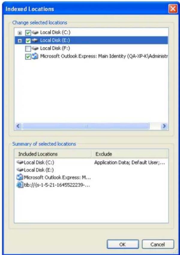 Indexed Locations Change selected locations Local Disk (C:) Local Disk (E:) Local Disk (F:) Microsoft Outlook Express: Main Identity (QA-XP-K\Administr Summary of selected locations Included Locations Exclude Local Disk (C:) Application Data; Default User;... Local Disk (E:) Microsoft Outlook Express: M... lib:///s-1-5-21-1645522239-... OK Cancel