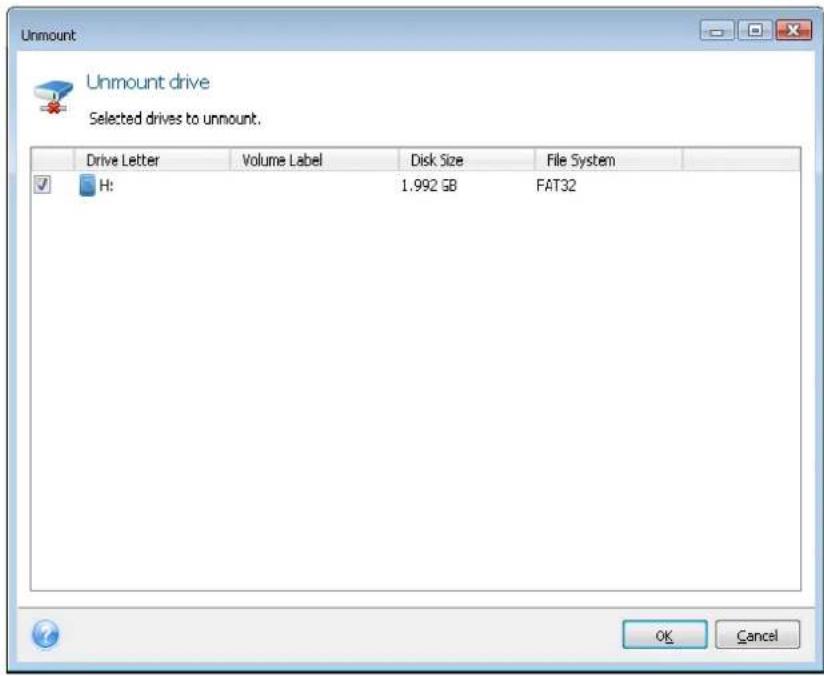 Unmount Unmount drive Selected drives to unmount. Drive Letter Volume Label Disk Size File System H: 1.992 GB FAT32 OK Cancel