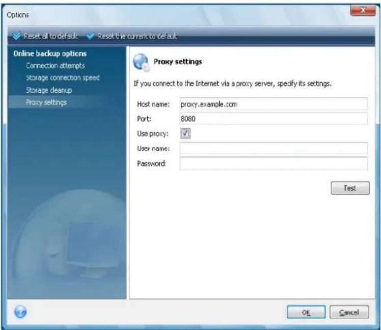 Options Reset all to default Reset the current to default Online backup options Connection attempts Storage connection speed Storage cleanup Proxy settings Proxy settings If you connect to the Internet via a proxy server, specify its settings. Host name: proxy.example.com Port: 8080 Use proxy: User name: Password: Test OK Cancel