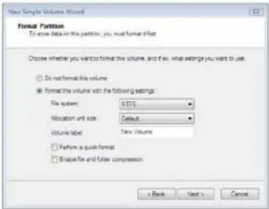 New Template Volume Wizard Format Partition To store data on this partition, you must format it fast Choose whether you want to format the volume, and if so, what settings you want to use. Do not format this volume Format this volume with the following settings: File system: NTFS Allocation unit size: Default Volume label: New Volume Perform a quick format Brustie file and folder compression Back Next > Cancel