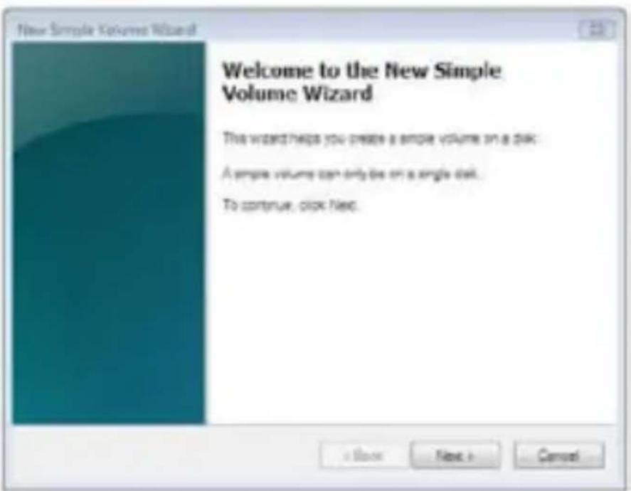New Simple Volume Wizard Welcome to the New Simple Volume Wizard This wizard helps you create a simple volume on a disk: A simple volume can only be on a single disk. To continue, click next.
