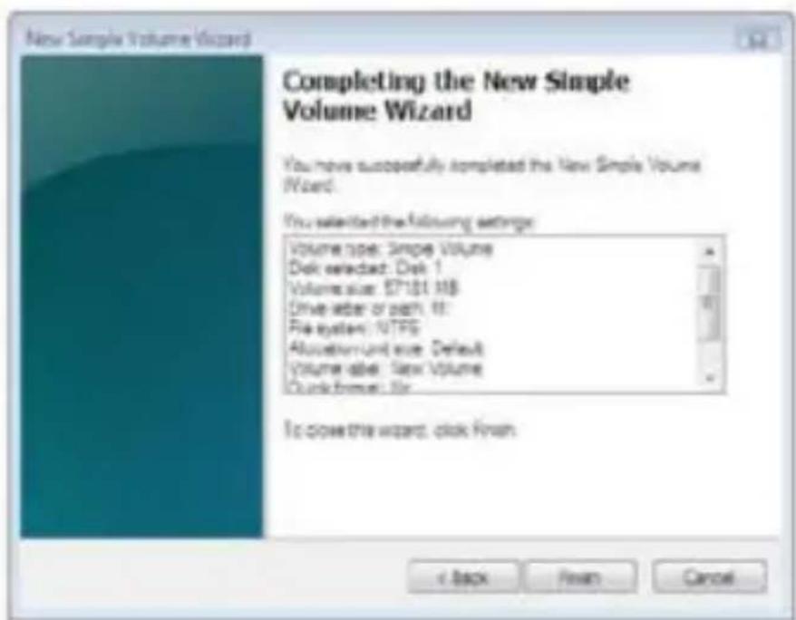 New Simple Volume Wizard Completing the New Simple Volume Wizard You have successfully completed the New Simple Volume Wizard. You selected the following settings: Volume type: Simple Volume Disk selected: Disk 1 Volume size: $7181 MB Drive letter or path: 60 File system: NTFS Allocation unit size: Default Volume order: New Volume Quick format: 95x To close this wizard, click Finish + Back Finish Cancel