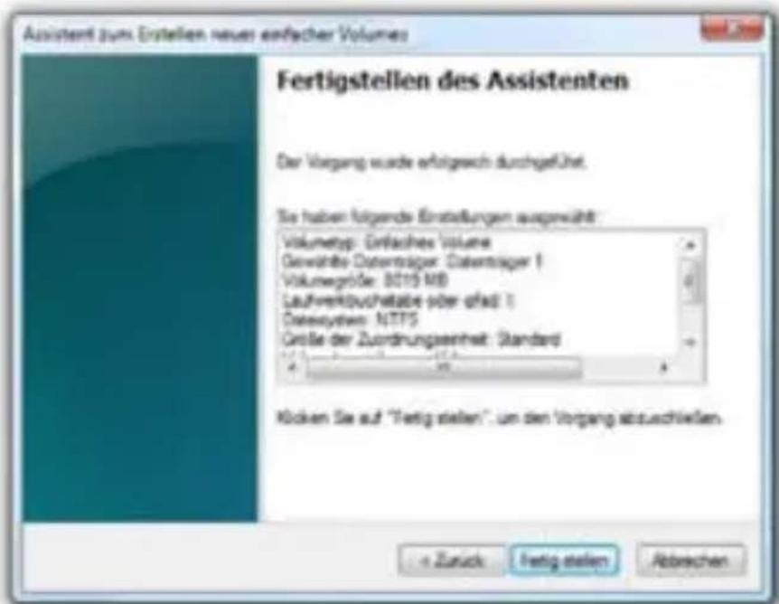 Assistent zum Erstellen neuer einzelcher Volumes Fertigstellen des Assistenten Der Vorgang wurde erfolgsch durchgeführt. Sie haben folgende Erstellungen ausgewählt: Volumetop: Einflashes Volume Gewährte Datensträger: Datensträger 1 Volumegroße: B015 MB Laufkreibuchtable oder ofad 1 Datexsystem: NTPS Größe der Zuordnungsentrag: Standard Kücken Sie auf "Fertig stellen", um den Vorgang abschlüden. + Zurek + Freitig stellen Abbrischen