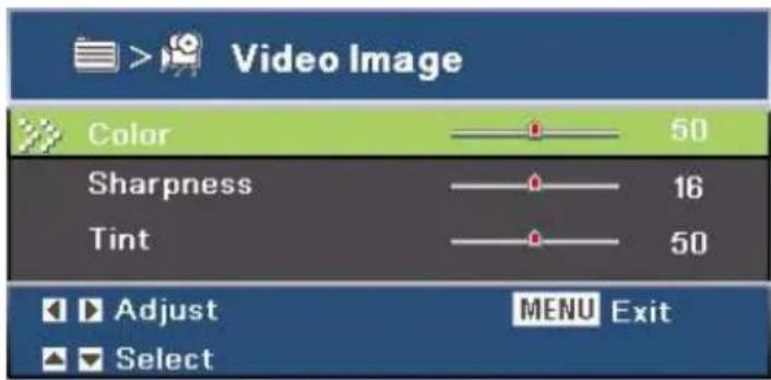 Video Image Color 50 Sharpness 16 Tint 50 Adjust MENU Exit Select