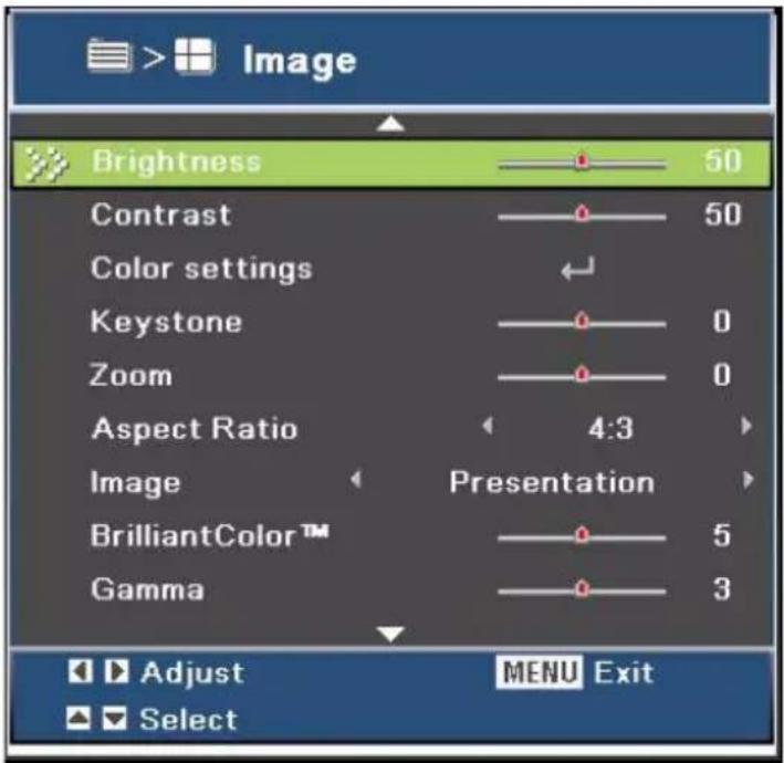 Image Brightness 50 Contrast 50 Color settings Keystone 0 Zoom 0 Aspect Ratio 4:3 Image Presentation BrilliantColor™ 5 Gamma 3 Adjust MENU Exit Select