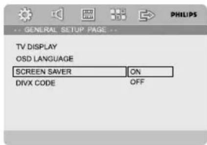 GENERAL SETUP PAGE TV DISPLAY OSD LANGUAGE SCREEN SAVER ON DIVX CODE OFF