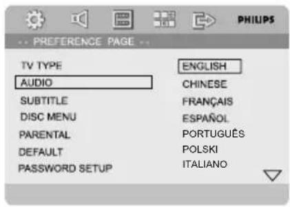 PREFERENCE PAGE TV TYPE ENGLISH AUDIO CHINESE SUBTITLE FRANÇAIS DISC MENU ESPÁÑOL PARENTAL PORTUGUÊS DEFAULT POLSKI PASSWORD SETUP ITALIANO
