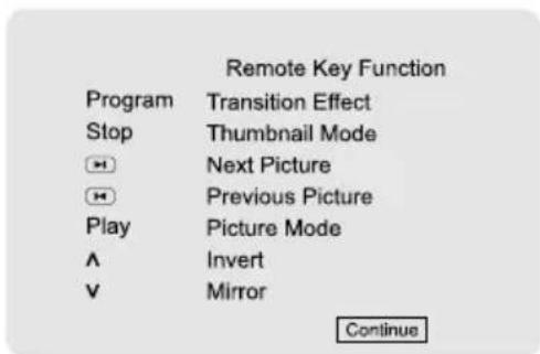 Remote Key Function Program Transition Effect Stop Thumbnail Mode → Next Picture → Previous Picture Play Picture Mode ∧ Invert ∨ Mirror Continue