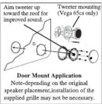 Aim tweeter up toward the roof for improved sound. Tweeter mounting (Vega 65cs only) Door Mount Application Note-depending on the original speaker placement,installation of the supplied grille may not be necessary.