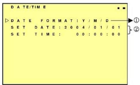 DATE/TIME > DATE FORMAT : Y / M / D SET DATE : 2 0 0 4 / 0 1 / 0 1 SET TIME : 0 0 : 0 0 : 0 0