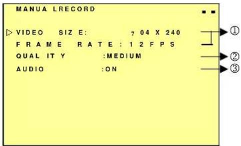 MANUA LRECORD VIDEO SIZ E: 7 04 X 240 FRAME RATE : 1 2 F PS QUAL IT Y :MEDIUM AUDIO :ON