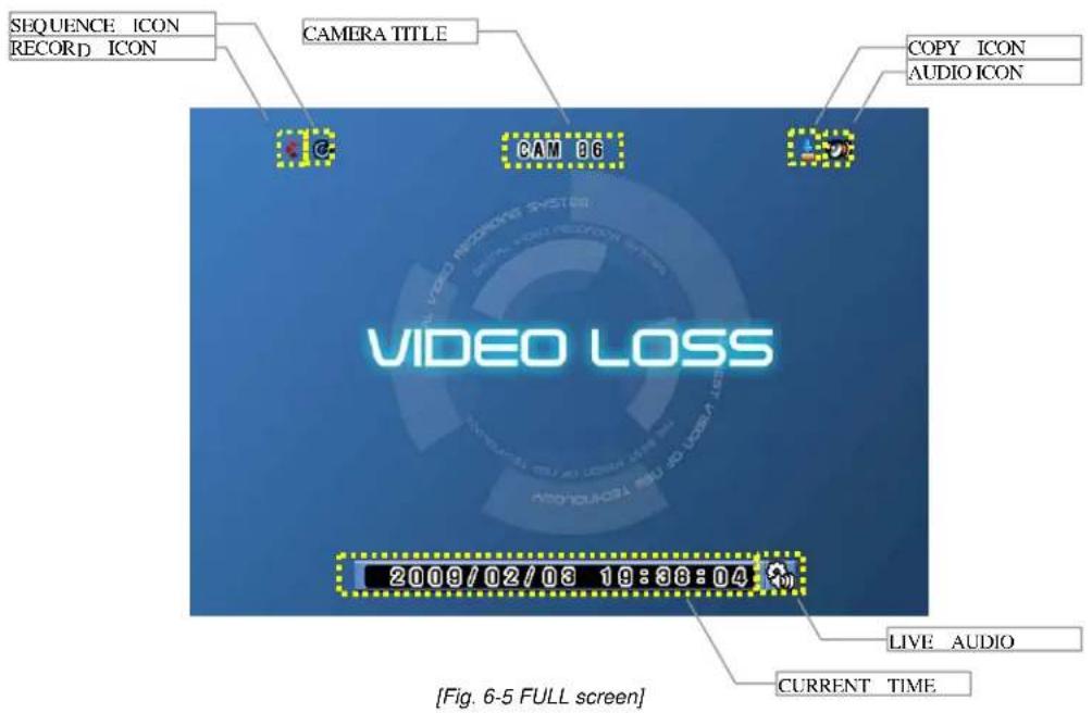 SEQUENCE ICON RECORD ICON CAMERA TITLE COPY ICON AUDIO ICON CAM 06 VIDEO LOSS 2009/02/03 19:38:04 LIVE AUDIO CURRENT TIME [Fig. 6-5 FULL screen]