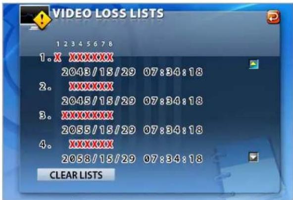 VIDEO LOSS LISTS 1. X XXXXXXX 2043/15/29 07:34:18 2. XXXXXXX 2045/15/29 07:34:18 3. XXXXXXX 2055/15/29 07:34:18 4. XXXXXXX 2058/15/29 07:34:18 CLEAR LISTS