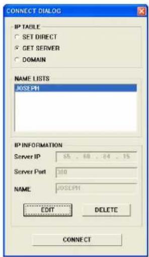 CONNECT DIALOG IP TABLE SET DIRECT GET SERVER DOMAIN NAME LISTS JOSEPH IP INFORMATION Server IP 65 80 84 15 Server Port 300 NAME JOSEPH EDIT DELETE CONNECT