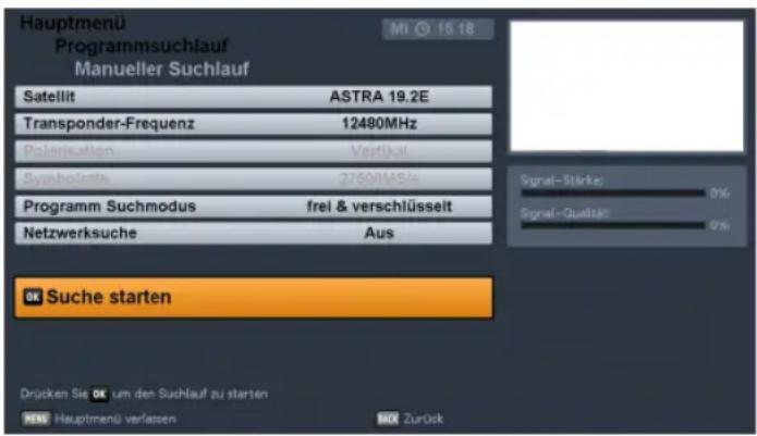Hauptmenu Programmsuchlauf Manueller Suchlauf Satellit ASTRA 19.2E Transponder-Frequenz 12480MHz Polarisation Veriflural Symbolize 27600MS/s Programm Suchmodus frei & verschlüsselt Netzwerksuche Aus OK Suche starten Drücken Sie OK um den Suchlauf zu starten NEW Hauptmenü verlassen NICK Zurück