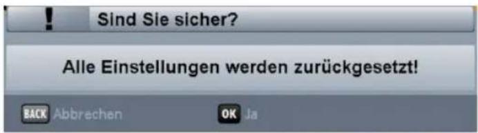 Sind Sie sicher? Alle Einstellungen werden zurückgesetzt! BACK Abbrechen OK Ja