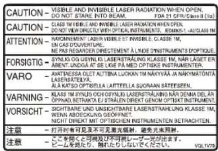 CAUTION - VISIBLE AND INVISIBLE LASER RADIATION WHEN OPEN, DO NOT STARE INTO BEAM. FDA 21 CFR/Class II (IIa) CAUTION - CLASS I'M VISIBLE AND INVISIBLE LASER RADIATION WHEN OPEN, DO NOT VIEW DIRECTLY WITH OPTICAL INSTRUMENTS. EDENS-1 -AUGLASI IM ATTENTION - RAYONNEMENT LASER VISIBLE ET INVISIBLE. CLASSE 1M, EN CAS D'OUVERTURE. NE PAS RESIGARER DIRECTEMENT À LUNDE DINSTRUMENTS D'OPTIQUE. FORSITIG - SYNLOG OG USYNLIG LSERSTRALING KLASSE 1M, NAR LÄGET ER ABENT, UNDOA AT SE LIGE PA MED OPTISKIE INSTRUMENTER. VARO - AVATIAESSA OLET ALTITINA LUOKAN 1M NAKYVÄÄ NA NAKYMÄTÖNTÄ LASERSÄTELYÄ. ALA KATSO OPTISELLA LAITETELLA SUORAAN SÄTEESSEN. VARNING - KLASS I'M SYNLOG OCHSYNLIG LSERSTRALING NIN DE NENNA DEL ÄR ÖPPNAD, BETRAKTA EJ STRÄLEN DIREKT GENOM OPTISKI INSTRUMENT. VORSICHT - SICHTBARE UND UNSICHTBARE LASERSTRAHLING KLASSE 1M, WENN ABDECKUNG GEÖFFNET. NICHT DIREKT MIT OPTISCHEN INSTRUMENTEN BETRACHTEN. 注意 - 打开时有可见及不可见激光辐射,避免光束照射。 注意 - ここを聞くと可見及び不可再レーグー光があります。 ビームを見たり,隨れたりないでください. VOLIVY0
