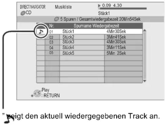 DIRECT NAVIGATOR Musikliste 0.09 4.30 CD Stück1 5 Spuren / Gesamtwiedergabezeit 20Min54Sek Nr. Spurname Wiedergabezeit 01 Stück1 4Min30Sek 02 Stück2 3Min41Sek 03 Stück3 4Min30Sek 04 Stück4 3Min11Sek 05 Stück5 5Min 2Sek Play RETURN " zeigt den aktuell wiedergegebenen Track an.