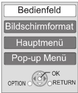 Bedienfeld Bildschirmformat Hauptmenü Pop-up Menü OPTION OK RETURN