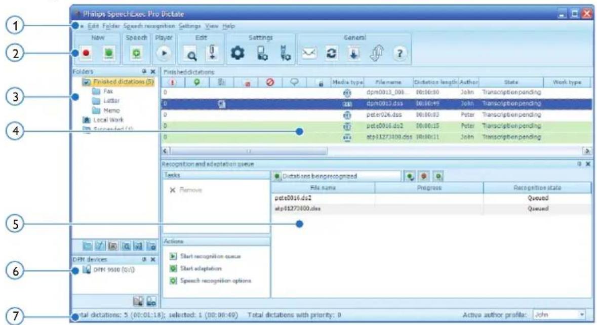 Philips SpeechExec Pro Dictate Edit Folder Speech recognition Settings View Help New Speech Player Edit Settings General Folders Finished dictations (5) Fax Letter Memo Local Work Expanded (0) Finished dictations Media type File name Dictation length Author State Work type 0 dpm0013_006 80:00:00 John Transcription pending 0 dpm0013.dss 80:00:99 John Transcription pending 0 peter026.dss 80:00:03 Peter Transcription pending 0 pete0016.ds2 80:00:15 Peter Transcription pending 0 atp81273409.dss 80:00:11 John Transcription pending Recognition and adaptation queue Tasks Dictations being recognized Remove File name Progress Recognition state pete0016.ds2 atp81273409.dss Queued Queued Actions Start recognition queue Start adaptation Speech recognition options Total dictations: 5 (00:01:18); selected: 1 (00:00:49) Total dictations with priority: 0 Active author profile: John