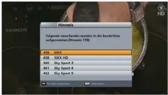 Hinweis Folgende neue Sender wurden in die Senderliste aufgenommen (Hinweis 170): 459 SIXX 458 SIXX HD 460 Sky Sport 3 461 Sky Sport 4 462 Sky Sport 5