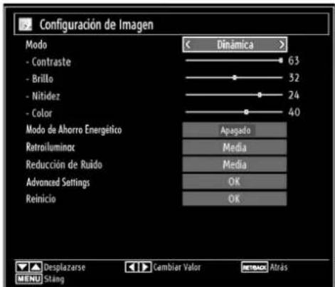 Configuración de Imagen Modo - Contraste - Brillo - Nitidez - Color Modo de Ahorro Energético Retroiluminoc Reducción de Ruido Advanced Settings Reinicio < Dinámica > 63 32 24 40 Apagado Media Media OK OK Desplazarse Cambiar Valor SETBACK Atrás MENU Stäng