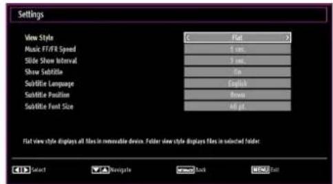 Settings View Style Music FFT/R Speed Slide Show Interval Show Subtitle Subtitle Language Subtitle Position Subtitle Font Size Flat view style displays all files in removable devices. Folder view style displays files in selected folder. C:\Select Navigator Lock Exit