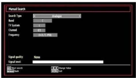 Manual Search Search Type: ( Analogue ) Band: 1 TV System: 1 Channel: 61 Frequency: 049.75 MHz Signal quality: None Signal level: Start search Change Value Change Back Change Add