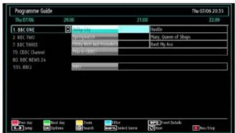 Programme Guide Thu 07/06 20:35 Thu 07/06 28:00 21:00 22:00 1. BBC ONE 2. BBC TWO 3. BBC THREE 70. CBC (Channel) 80. BBC NEWS 24 105. BBC Play Date Play Time Play Name and Address Play in BBC* Add Next day Next day Options Down Search Enter Select Game Find Details True Rec/Stop