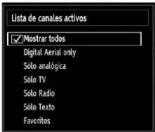 Lista de canales activos ✓ Mostrar todos Digital Aerial only Solo analógica Solo TV Solo Radio Solo Texto Favoritos
