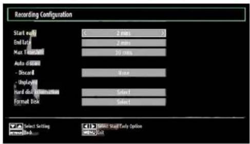 Recording Configuration Start early 2 min End data 2 min Max Time 30 min Auto discolor Discolor None Unlevel Hard disk Remutation Select Format Disk Select Select Setting OK START Early Option Exit