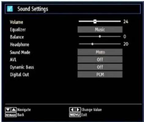 Sound Settings Volume 24 Equalizer Music Balance 0 Headphone 20 Sound Mode Mono AVL Off Dynamic Bass Off Digital Out PCM Navigate Back Change Value MENU Exit