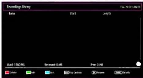 Recordings Library Name Start Length Used: 1560 MB Reserved: 0 MB Free: 0 MB Delete Ctrl Sort Play Options Renome Micro Details The 22/01 06 21