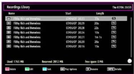 Recordings Library Time 07/06 29:55 Name Start Length Fifty Rich and Homeless 07/06/07 20:31 3% Fifty Rich and Homeless 07/06/07 20:29 20s TV Fifty Rich and Homeless 07/06/07 20:28 22s TV Fifty Rich and Homeless 07/06/07 20:24 10s TV Fifty Rich and Homeless 07/06/07 20:21 1m 1s TV Fifty Rich and Homeless 07/06/07 20:20 20s TV Fifty Rich and Homeless 07/06/07 20:16 15s TV Used: 1765 MB Reserved: 2812 MB Free space: 0 MB Delete Ctrl Sort Play Options Remise Timula