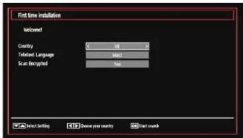 First time installation Welcome! Country OK Language Language Match Scan Encrypted Yes Select Setting Choose your country Start sounds