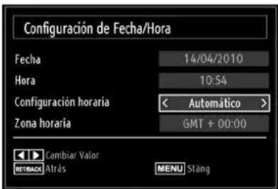Configuración de Fecha/Hora Fecha 14/04/2010 Hora 10:54 Configuración horaria < Automático > Zona horaria GMT + 00:00 Cambiar Valor Atrás MENU Stang