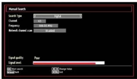 Manual Search Search Type: € Signal 3 Channel: 45 Frequency: 146.00 MHz Network channel scan: Unmarked Signal quality: Poor Signal level: Start search Change Value Market Data Edit