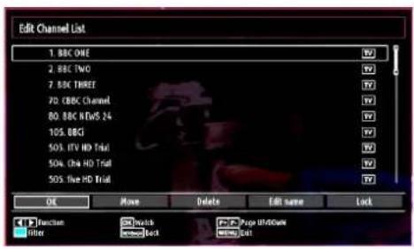 Edit Channel List 1. BBC ONE 2. BBC TWO 7. BBC THREE 70. CBBC Channel 80. BBC NTWS 24 105. BBQ 503. ITV HD Trial 504. One HD Trial 505. Five HD Trial OK Move Delete Edit name Lock Function Watch Page: UV/600xW Filter stop Back Help/Loss