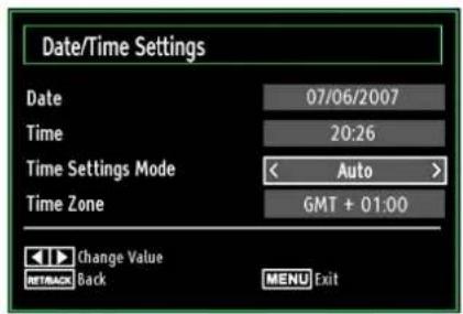 Date/Time Settings Date 07/06/2007 Time 20:26 Time Settings Mode < Auto > Time Zone GMT + 01:00 Change Value RETRACK Back MENU Exit
