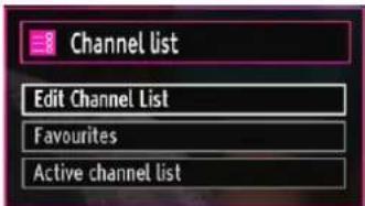 Channel list Edit Channel List Favourites Active channel list