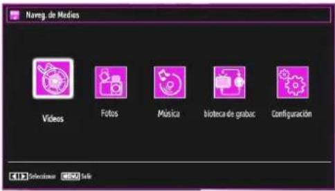 Naveg. de Medias Videos Fotos Música bioteca de grabac Configuración