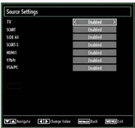 Source Settings TV < Enabled > SCART Enabled SIDE AV Enabled SCART-S Enabled HDMI1 Enabled YPbPr Enabled VGA/PC Enabled Navigate Change Value Track Back MENU Exit