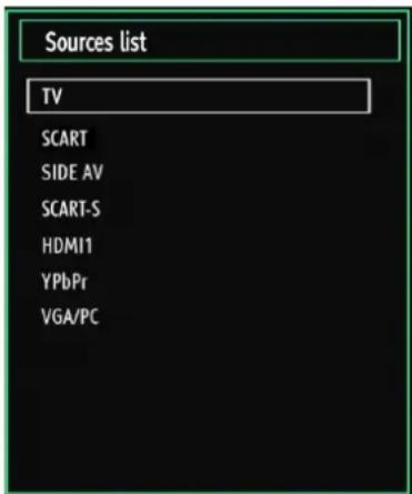Sources list TV SCART SIDE AV SCART-S HDMI1 YPbPr VGA/PC