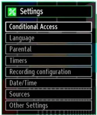 Settings Conditional Access Language Parental Timers Recording configuration Date/Time Sources Other Settings